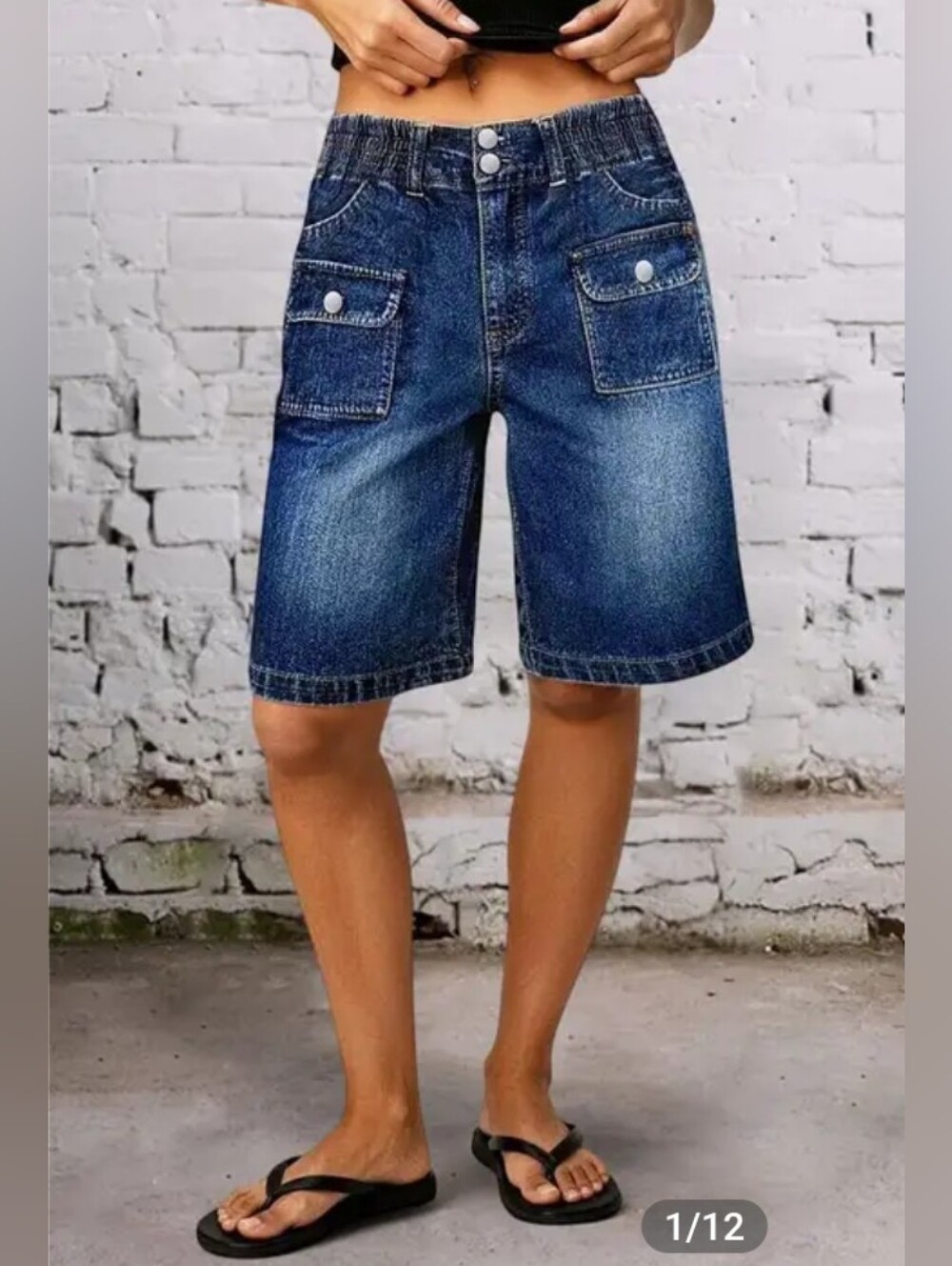 Flamingals Shirred Dual Button Elastic Mid Waist Cargo Denim Bermuda Shorts NWT